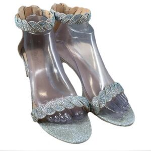 Jewel Badgley Mischka Sandal Women 9 Silver Finna Braided Ankle Strap Block Heel